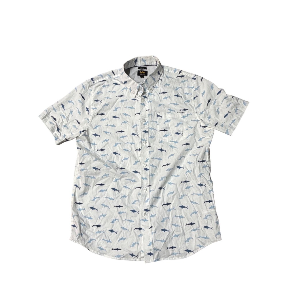 Lee Mens Shark Print Short Sleeve Button Down Shirt White Blue Regular Fit L